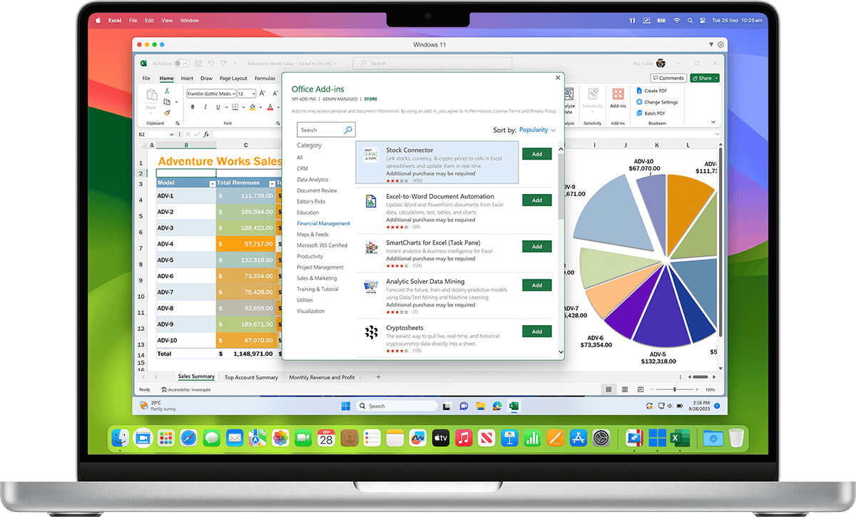 在 Mac 上解锁 Microsoft Office 365 的全部功能，并利用针对 Excel 和 PowerPoint 的 Windows 专属插件。